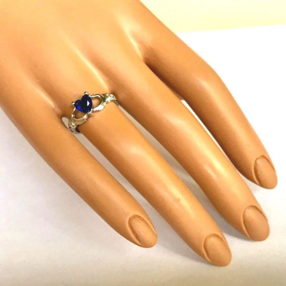 Claddagh Ring Size 7 Silver Plated Irish Celtic Blue Cubic Zirconia Heart Love - Picture 3 of 9